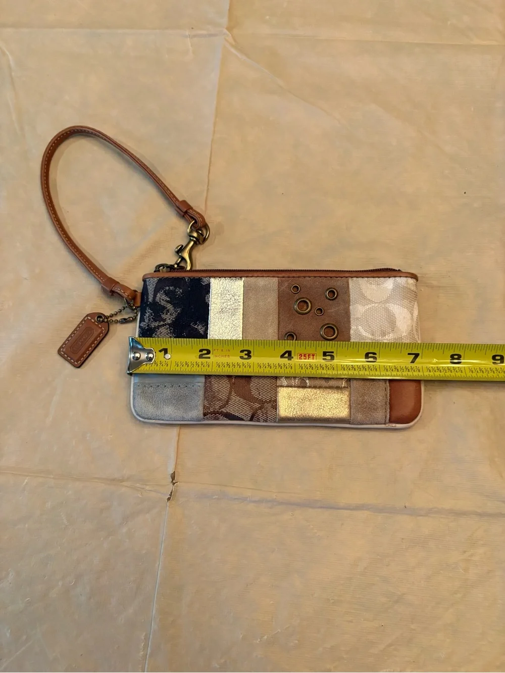 Coach Patchwork Wristlet in Brown, Tan & Gold Accents